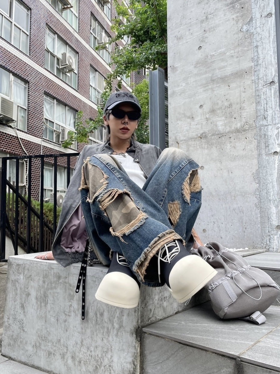 受注制【Never mind the XU】camouflage side damage denim pants