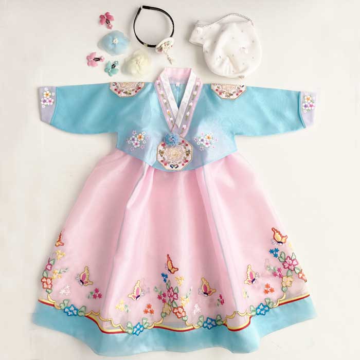 チマチョゴリ単品tカット刺繍オリジナル 水色ピンク(身長99cm 4号