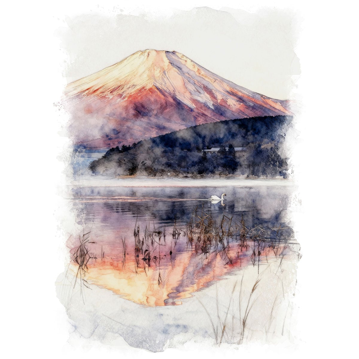 絵画(風景画) 日本 富士山 赤富士 インテリアアート額付き 水彩画