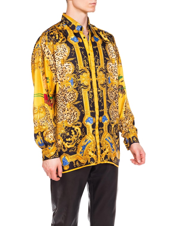 1990's GIANNI VERSACE Baroque and Leopard Printed Silk Shirt Top