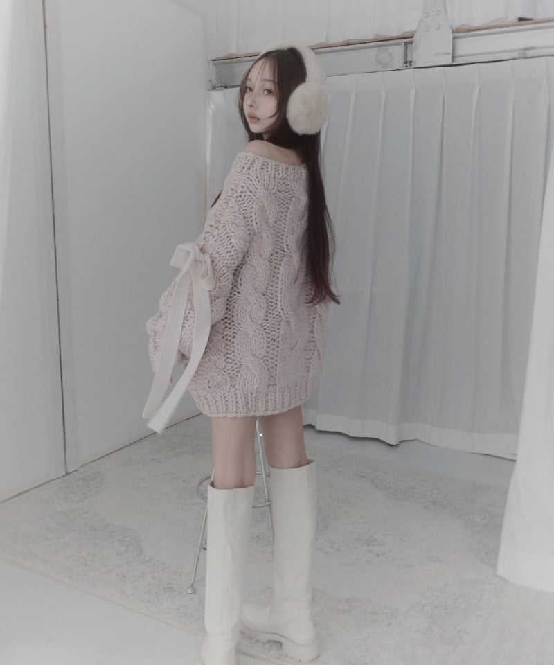 ハンドニッティングケーブルリボンニット/Hand-knitted Cable Ribbon K