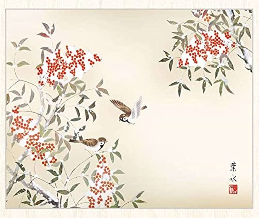 Amazon.co.jp: 日本画 緒方葉水 南天に雀（なんてんにすずめ） F8 花鳥
