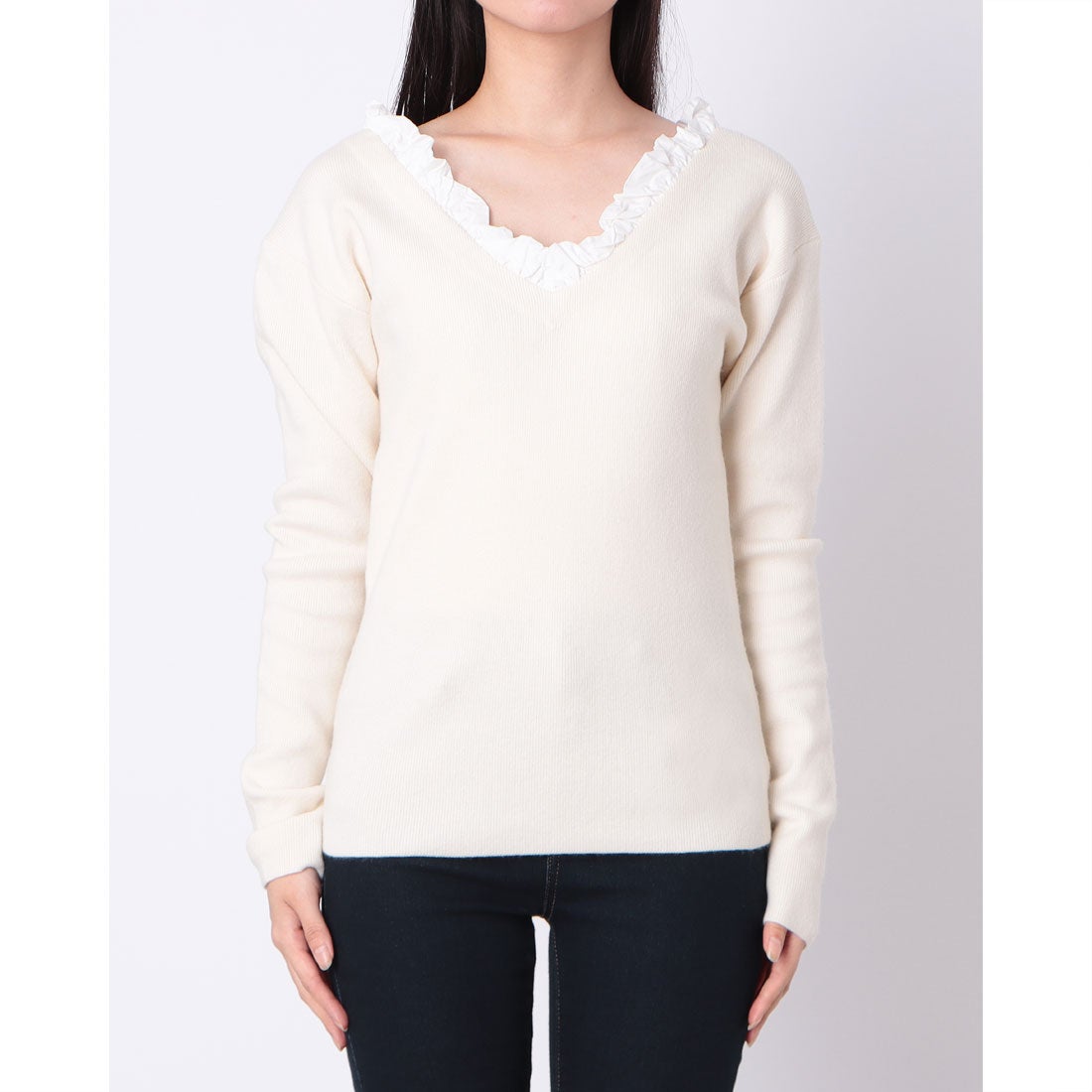 クラネ CLANE 2WAY FRILL V NECK KNIT TOPS （IVORY） -ファッション