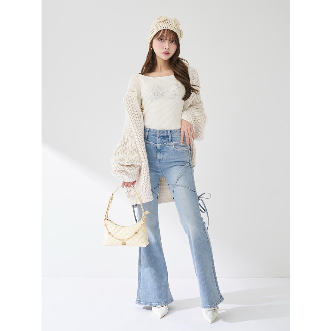 ダーリッチ Darich ピコレースハイウエストフレアデニム （アイス