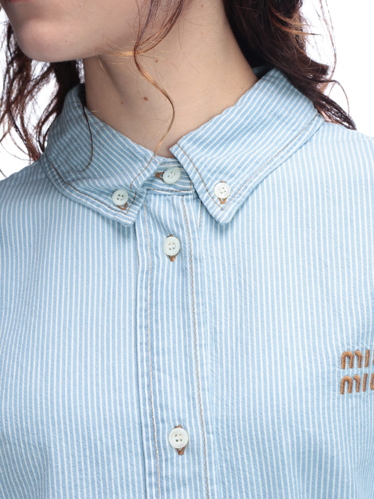 miu miu（ミュウミュウ） ロゴ刺繍 ストライプ 長袖 クロップドシャツ