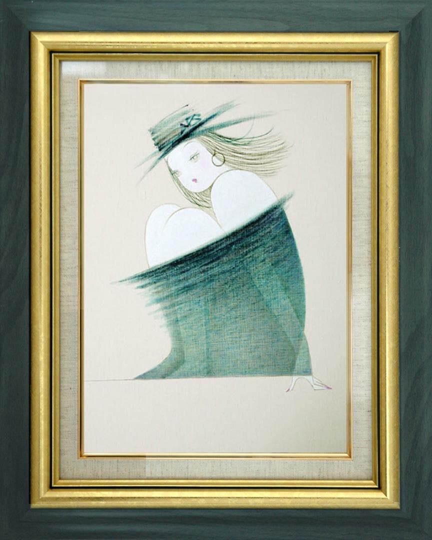 油絵 絵 絵画インテリア 額付(青緑＋金色の枠) F6-080114 人物 女性 絵画インテリア 額付 ( 青緑＋金色の枠 )油絵 E12427 寅若繁 「緑風」