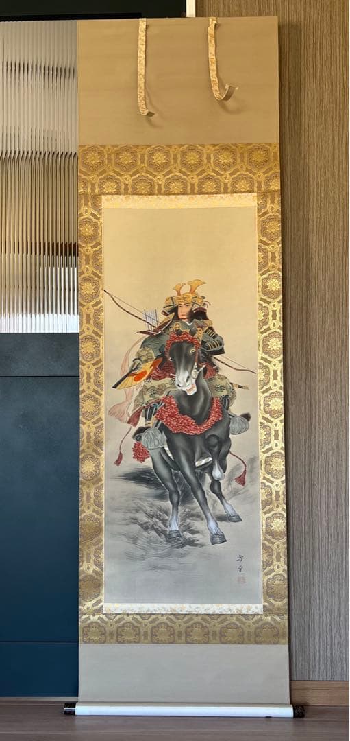 掛け軸 武者（黒馬）森 雪堂