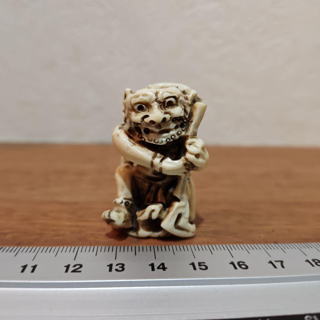 時代提物 神像根付 天然素材 在銘【風神雷神】高さ約4.4cm 重19ｇ 厄除け