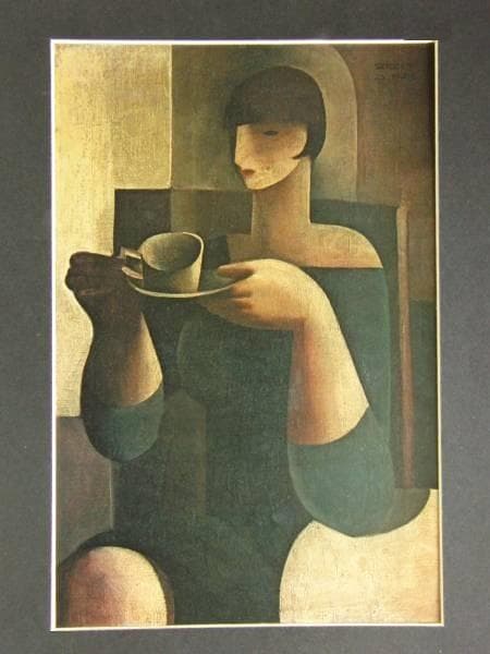 東郷青児、【コーヒーを飲む女】、希少な額装用画集より、状態良好