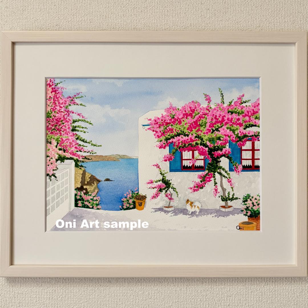 透明水彩画　原画　「エーゲ海とブーゲンビリア01」額縁付き　F4サイズ　風景画