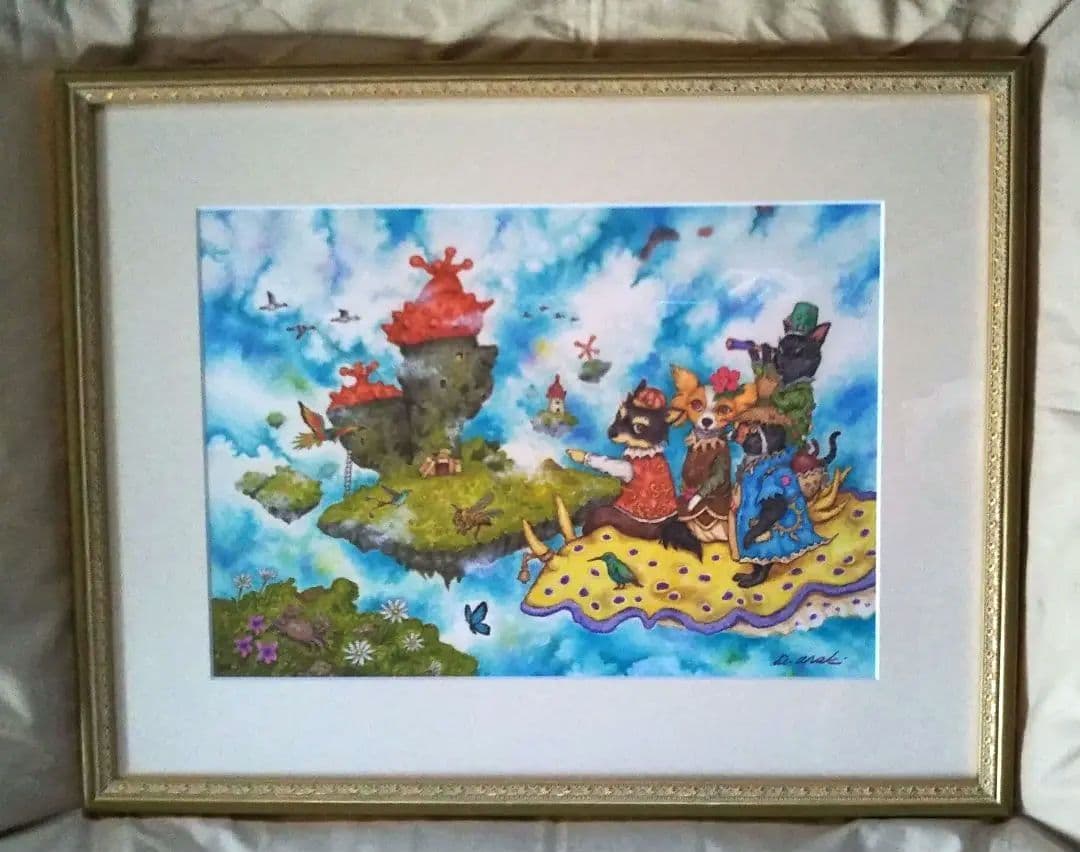 特別価格★【原画】『ウミウシに乗って』（風景画　空の絵　チワワ　黒猫　手描き）