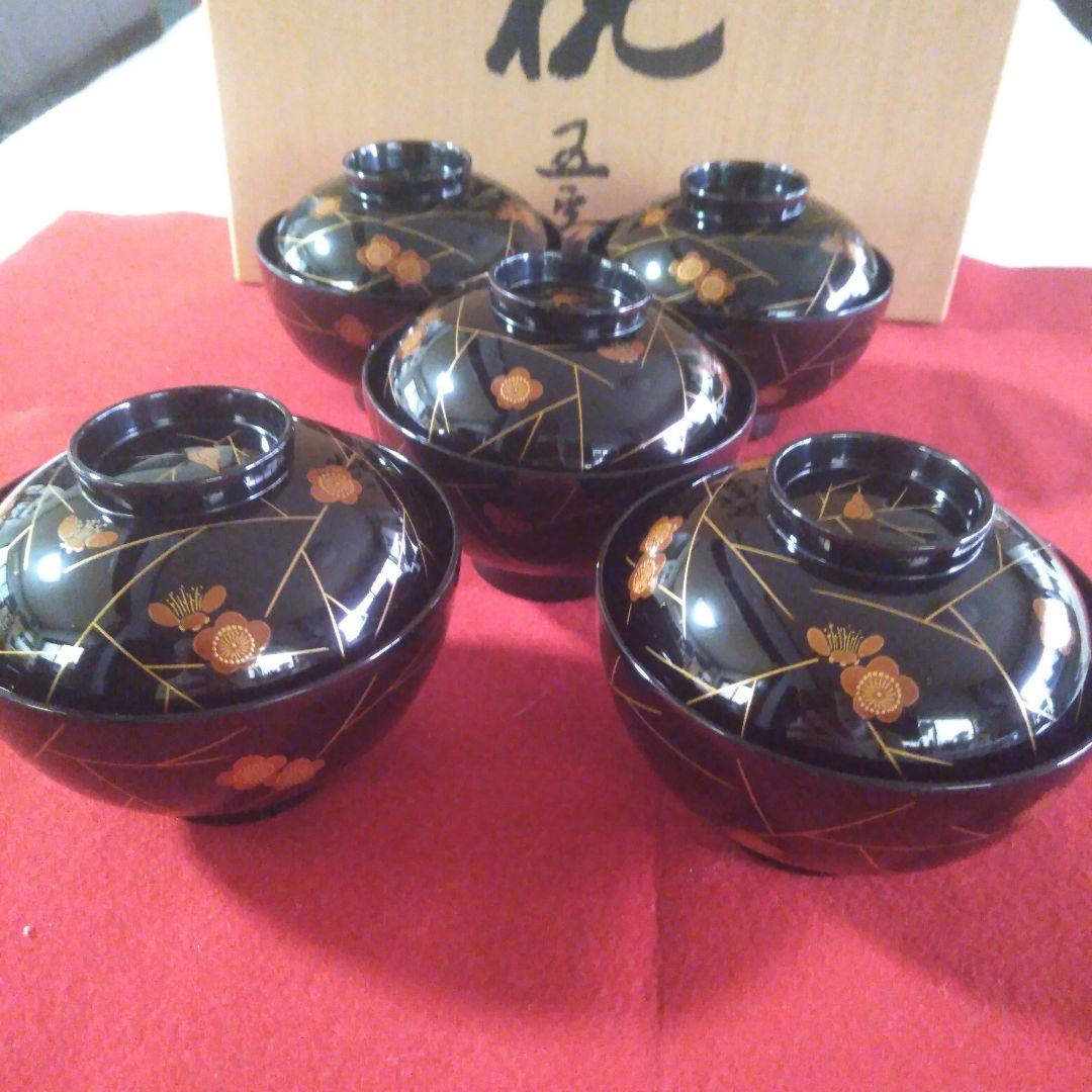 輪島塗　梅蒔絵入椀五客　未使用品