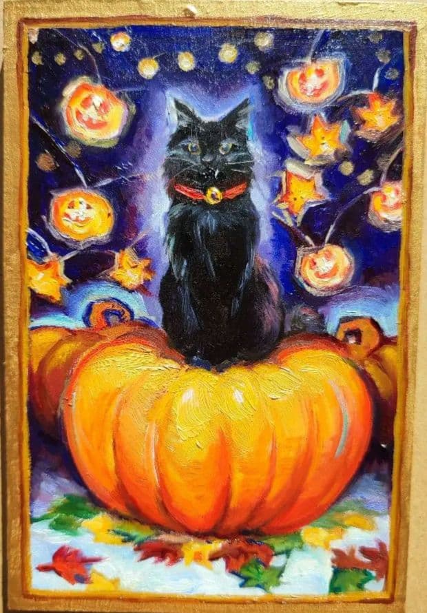 「ハロウィン　キャット」油絵　原画　オリジナル　１点物　絵画