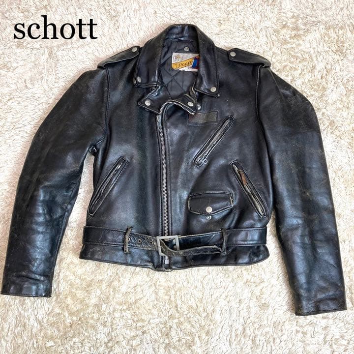 schott ダブルライダース　レザージャケット　ヴィンテージ　ベルト　40 古着 80s USA製 Schott Bros 「Perfecto」 115 パデッド 本革 レザー