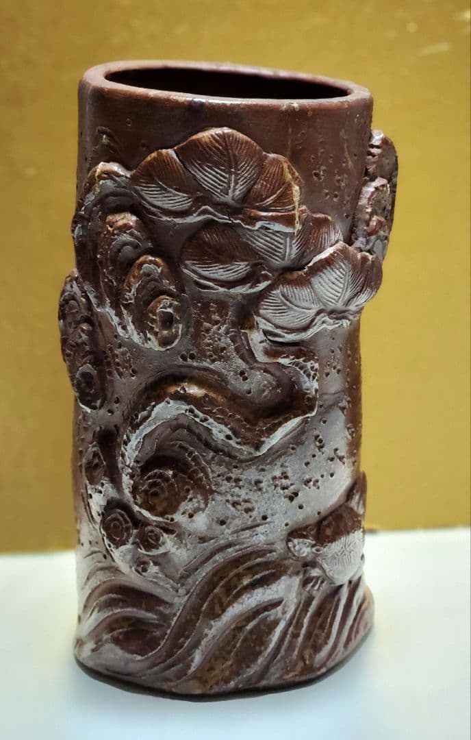 骨董品 古備前 置物 花生け 花瓶 松亀紋様 陶印あり 戦国時代？