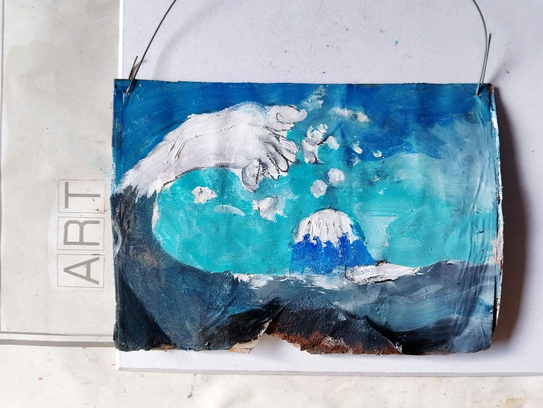 印象派風 油彩画 波と山の風景