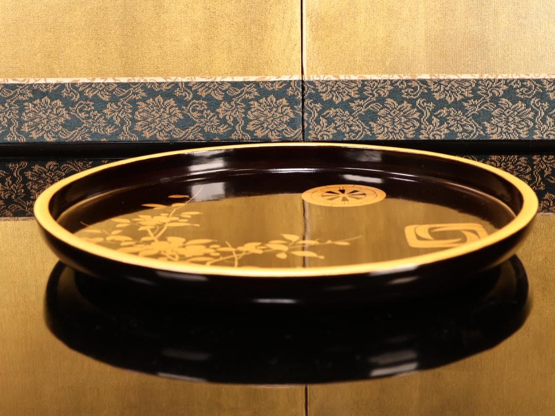 BK419 時代輪島塗 春草家門金蒔絵 丸盆 煎茶盆 菓子盆 三客 大聖寺