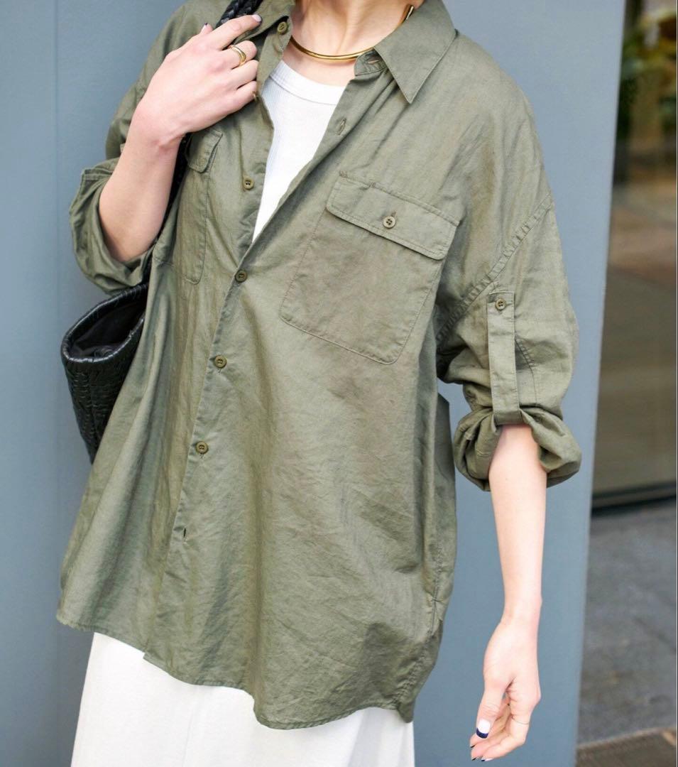 Spick and Span コットンリネンユーティリティーシャツ　カーキ